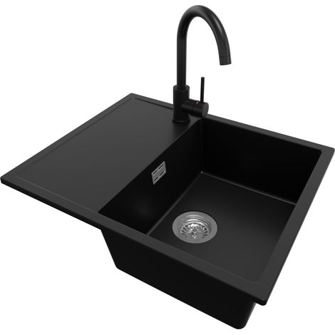 PRIMAGRAN Evier Cuisine en Granit 62x50cm, Lavabo 1 bac + Robinet 32x20cm + Kit de Vidage, Évier à Encastrer au meuble 45cm - Ibiza, Noir (1/5)