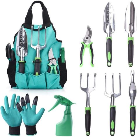 9-teiliges ergonomisches Gartenwerkzeugset mit Gartenschere, Pflanzkelle, Umpflanzwerkzeug, Rechen, Unkrautstecher, Gartengabel, Aufbewahrungstasche und antibakteriellen Handschuhen, Grün - Crezuo