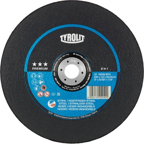 Meule à ébarber PREMIUM 27 Acier/Inox - diamètre 230 mm - épaisseur 7 mm - TYROLIT