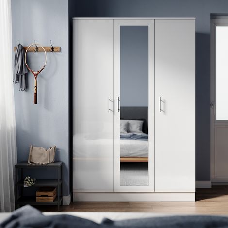 ELEGANT Wardrobe Triple Door with Mirror White High Gloss Bedroom Closet Storage Furniture with Shelves, Metal Handles, Hanging Rail, 1200 x 500 x 1800 mm (1/5)