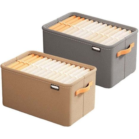 SABIR Paquet de 2 paniers de rangement pour organiser les paniers de rangement en tissu toile avec poignées en cuir pour étagère à vêtements panier cadeau vide (1/4)