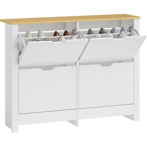 Armoire à chaussures étroite 4 compartiments pour 8 à 16 paires dimensions 105x26x80 cm couleur Blanc et Naturel (1/5)