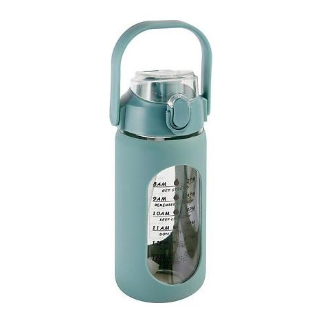 Bouteille avec paille 1L, revêtement en silicone, verre vert