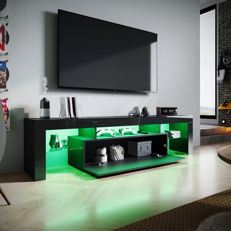 SIRHONA Meuble TV Noir avec lumières LED Meuble tele étagères en verre Espace de rangement Multicouche 180x35x45 cm (1/5)