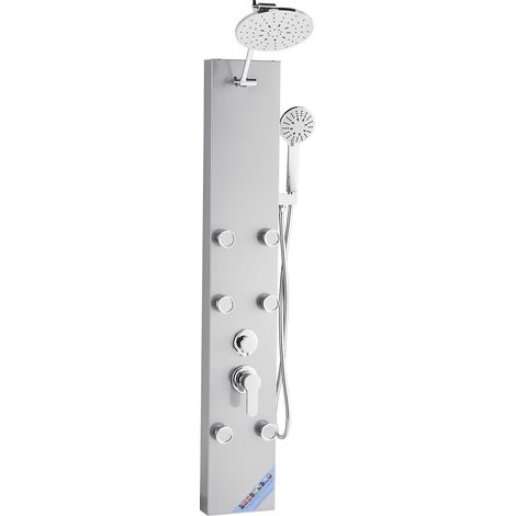 Colonne de douche en acier inoxydable brossé 124 cm avec pommeau pluie, robinet 3 fonctions et 6 jets massants haute pression. (1/5)