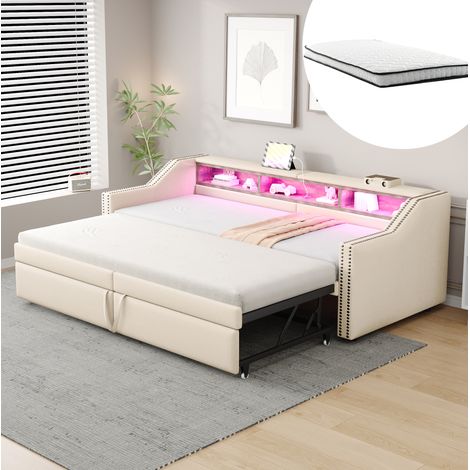 MEUBLIV Bettgestell 180x200 cm Beige – ausziehbar mit Stauraum, mit Matratze (1/5)