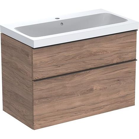 Meuble sous-vasque + vasque en céramique Geberit iCon 900x705x485 mm noyer hickory/poignées en lave (1/2)