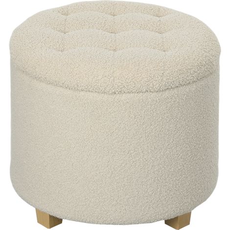 Aufbewahrungshocker mit Deckel und Holzbeinen, Hocker für Wohnzimmer, Flur, Schlafzimmer, cremeweiß