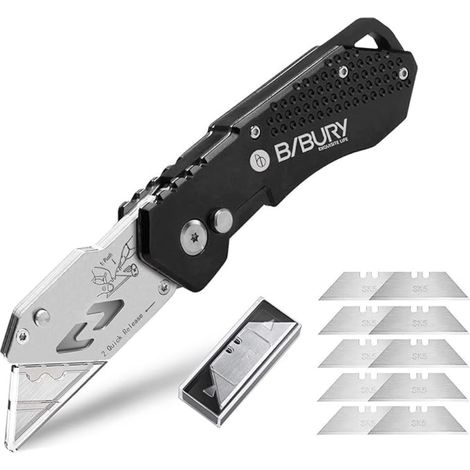Cutter Pliant Couteau de Poche SK5 Lames en Acier inoxydable fourni Bouton de Déclenchement Rapide et Poignée Ergonomique Noir (1/5)