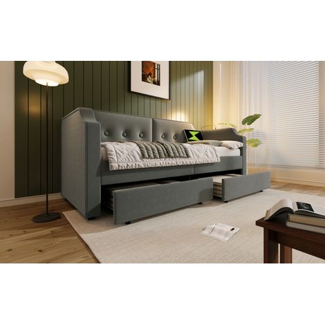 Tagesbett 90 x 200 cm aus grauem Samt mit USB, Leselampe und 2 Schubladen (1/5)