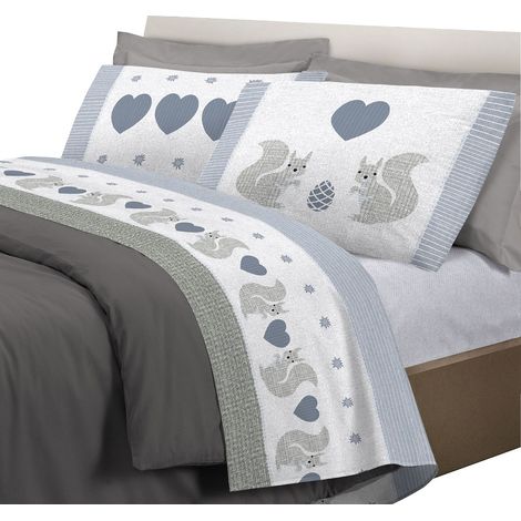 Completo letto lenzuola, parure, fantasia scoiattoli 100% cotone, made in italy Piazza e mezza - Grigio