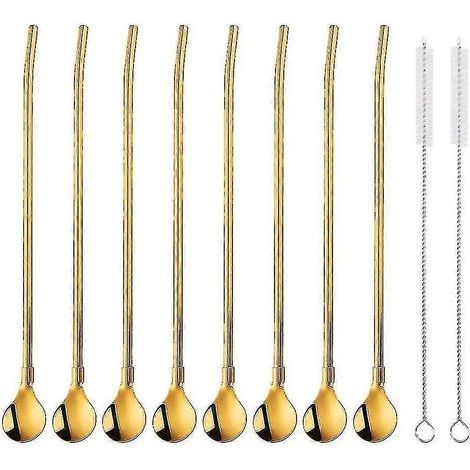Lot de 8 pailles et cuillères réutilisables en acier inoxydable avec 2 goupillons de nettoyage. Cuillère-paille dorée pour cocktails, latte macchiatos, manche fin et long (21,5 cm). (1/5)