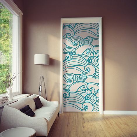 Sticker Mural Bleu Vagues, Déco Intérieure 204x83cm pour Portes, Décoration Murale, Autocollant Porte (1/4)