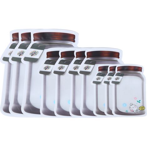 Sachets de conservation alimentaire réutilisables, étanches et portables, avec fermeture zip, lot de 10 pièces (3 L, 4 M, 3 S) pour snacks et aliments. (1/5)