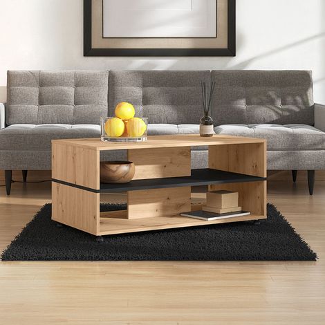 Wohnzimmertisch Erice, mit Rollen, 2 Fächer, rechteckig, 101x55x48h cm, Braun Eiche mit Astknoten (1/5)