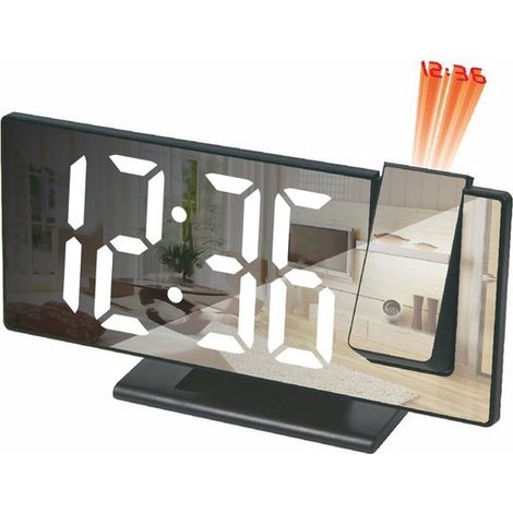 Réveil à projection LED, multifonctionnel, avec capteur de luminosité intelligent, horloge miroir numérique, avec port USB, boîtier noir et lumière blanche. Noir