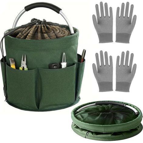 Sac de jardin pliable de 17 l avec poignée et 6 poches extérieures - Sac à outils de jardin étanche - Organiseur pour jardin, maison, camping - Avec 2 paires de gants de jardin (vert) (1/5)
