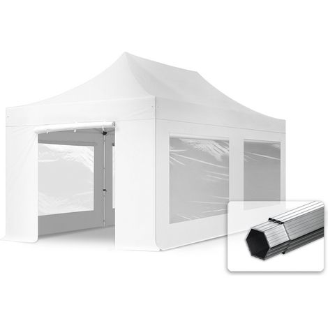 3x6m Pop Up Gazebo PROFESSIONAL Aluminium 40 mm, incl. Sidewalls with Panorama Windows, fire resistant, white Long-Life PVC