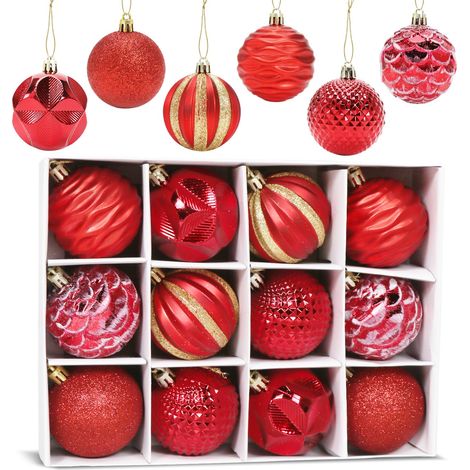 Boules de Noël Rouge 6 CM, Lot de 12 Boules de Noël Ornements en Plastique, Suspendues Ornements de Boule, Décorations d'arbre de Noël, pour Noël Mariage Maison Fête DécorationRouge (1/5)