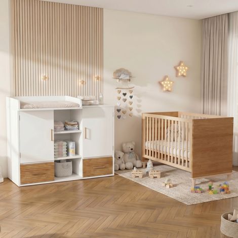 Set fasciatoio con contenitore e culla regolabile in 5 altezze, in legno e MDF bianco naturale. (1/5)
