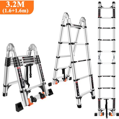 Scala Pieghevole Telescopica in Alluminio da 3,2 M con 2 Rotelle (1,6 M + 1,6 M), Scala Pieghevole Multifunzione con Carico di 150 Kg, Nero Argento