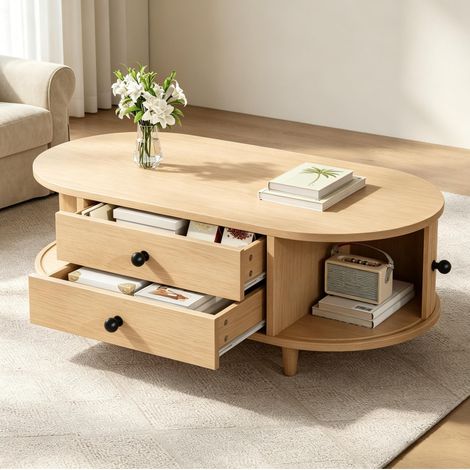 Mesa de centro (100x50x36 cm), con puertas correderas y 2 cajones, patas de madera maciza, MDF, color madera natural (1/5)