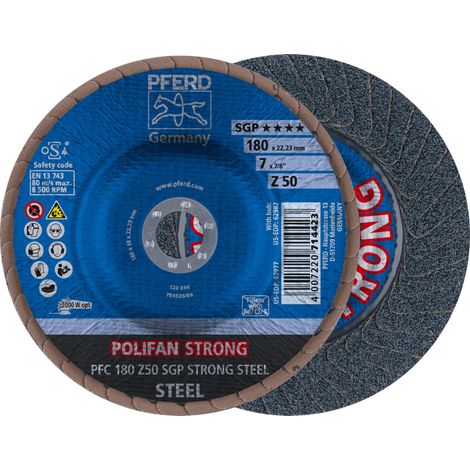 PFERD TOOLS POLIFAN STRONG Fächerscheibe PFC 180x22,23 mm konisch Z50 Speziallinie SGP STEEL für Stahl 10 Stk (1/4)