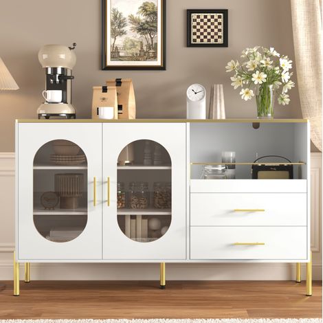 Credenza bianca da soggiorno con 2 cassetti e 2 ante in vetro, gambe in metallo dorato (1/5)