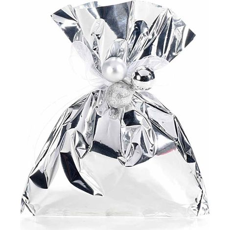 Busta a sacchetto regalo metallizzata argento lucido. Ideale per confezioni regalo, set da 100 pezzi, cm 15 x 20 H