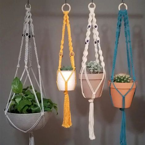 (Noir 70 cm) Porte-plantes bohème coloré en macramé, tissé à la main en 100 % coton, panier suspendu pour plantes d'intérieur, bonsaï, décoration intérieure (1/5)