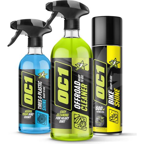 OC1 OFFROAD SET IMPRESCINDIBLE Limpiador todoterreno 0,95 L + Abrillantador de neumáticos y plásticos 0,45 L + Abrillantador de motos 500 ml