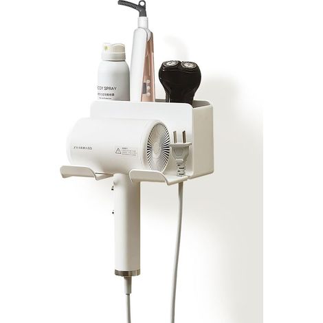 Supporto per asciugacapelli, supporto per asciugacapelli a parete senza foratura, contenitore per bagno in ABS con organizer per cavi e spazio per camera da letto, bagno d'albergo (1/5)