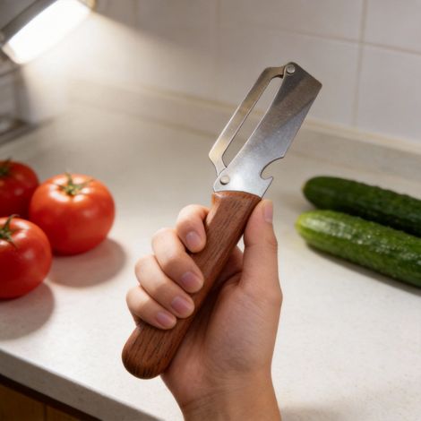 Économe Légumes et Fruits en Acier Inoxydable, 1 Pièce, Multifonction pour Droitier, Manche Effet Bois, Outil de Cuisine Polyvalent pour Pomme de Terre, Carotte, Asperge