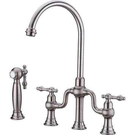 Robinet de Cuisine, RKF0398 Rétro Cuisine Robinet avec Pulvérisateur Latéral, 4 Trous 2 Poignées Mitigeur Cuisine, 59A Laiton, pour Eau Froide et Chaude (1/5)
