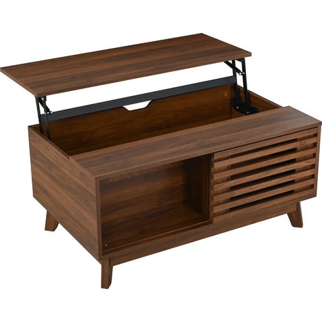 Table basse rétro, plateau réglable, porte persienne coulissante, aspect noyer, MDF, multifonctionnelle pour salon (1/5)