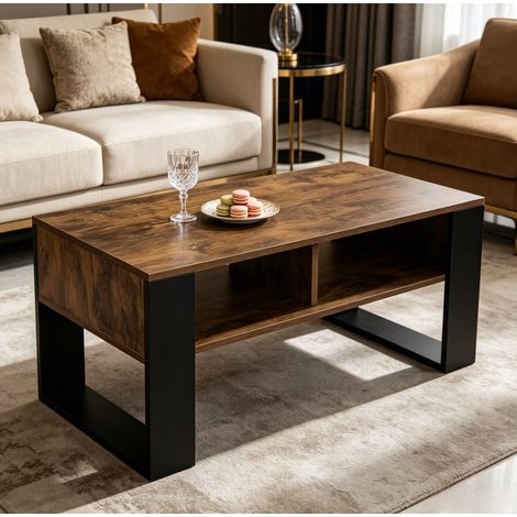 Mesa de centro con almacenaje 90 x 45 x 45 cm de madera E1 y melamina, marrón y negro DESVIAE (1/5)