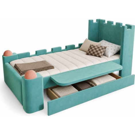Lit enfant 90x200 avec tiroir de rangement, tablette latérale rabattable et bords rembourrés, lit simple style château en velours bleu-vert  CHICFURN (1/5)