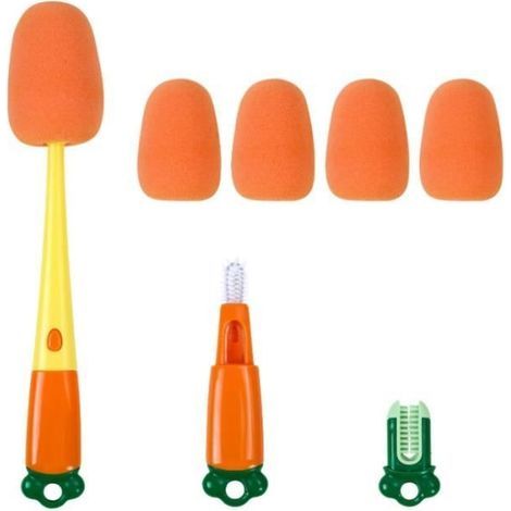3 en 1 Nettoyage Biberon Brosse, Brosse à Bouteille, Brosse a Biberon avec 4 têtes d'éponge de Remplacement, sans Rayures, Orange (1/4)