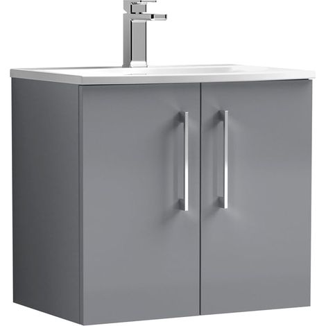Nuie Arno Satin Grey 600mm Wall Hung 2 Door Vanity Unit and Curved Ceramic Basin - ARN2223G (1/4)