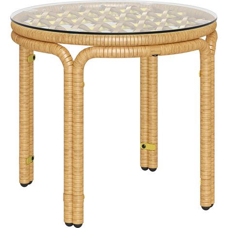 Runder Beistelltisch aus Polyrattan mit Glasplatte, Nachttisch Ø50 cm gelb