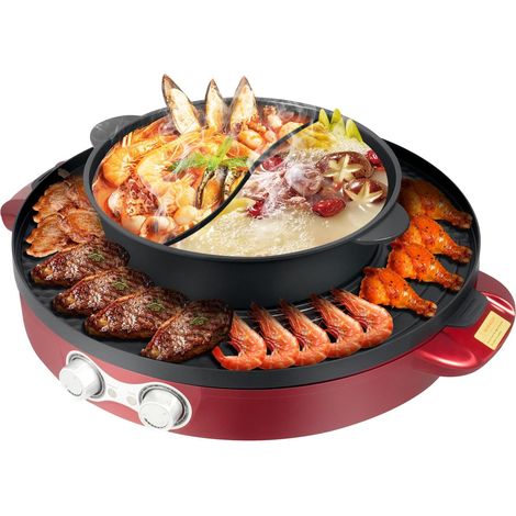 Hotpot électrique 2200 W 2 en 1 et appareil à raclette avec plaque de cuisson amovible, contrôle indépendant de température, barbecue électrique multifonction, facile à nettoyer pour restaurant, maiso