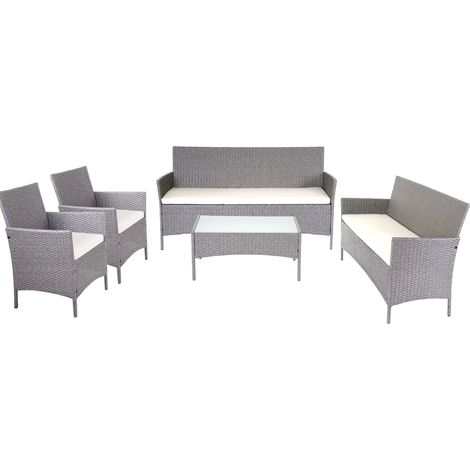 3-2-1-1 Poly-Rattan Garten-Garnitur Hamar, Lounge-Set Sitzgruppe Sofa grau, Kissen creme (1/5)