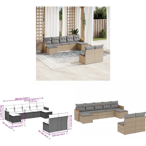 9-tlg. Garten-Sofagarnitur mit Kissen Beige Poly Rattan - Gartensorte - Outdoor Möbel - Lounge Set - Gartenlounge - Rattan Sofa - Home & Living