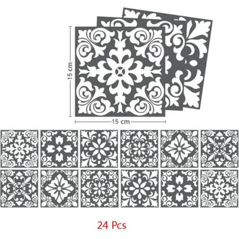 24 Autocollants carrelage, 15x15 cm, PVC imperméable, motif fleur gris blanc, cuisine salle de bain (1/4)