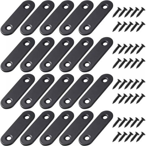 20 Pieces Black Straight Flat Brackets Metal Straight Brackets with Screws for Wood Furniture Cupboard Repair Support 50x16mm (1/4)