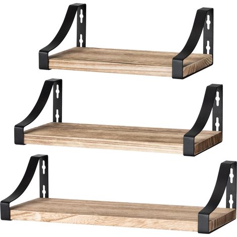 étagère Murale avec Supports métalliques, Paulownia, Marron Clair Lot d’étagères murales, charge de 10 kg par tablette, 3 tailles, supports à double sens, idéal pour chambre et salle de bain (1/5)