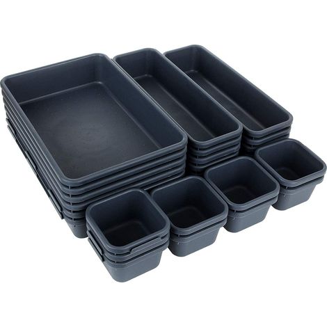 Organisateur Tiroir - 24 Pièces Ensemble de Plateaux de Rangement en Plastique pour Bureau Cuisine Salle de Bain Maquillage - 3 Tailles - Gris Foncé (1/5)