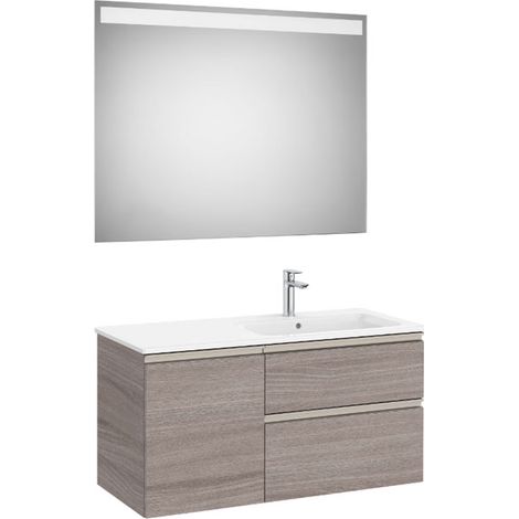 Pack meuble "The Gap" 1000 - 2 tiroirs + 1 porte + lavabo à droite slim + miroir LED - city oak/poignées nickel mat - Roca (1/2)