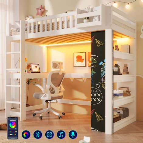 Cama alta 140x200 cm – Cama infantil con pizarra, escritorio, estantes, compartimentos de almacenamiento y LED, sin colchón, blanca (1/5)