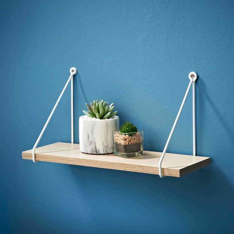 40cm Oak Shelf With White Metal Wire